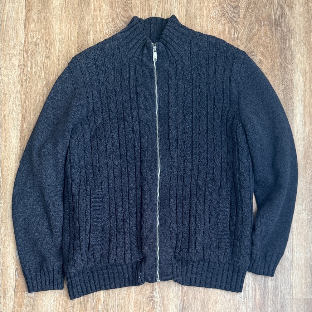 Boston Traders Cardigan Sweater Mens Large Gray Full Zip Cable Knit Sherpa Lined